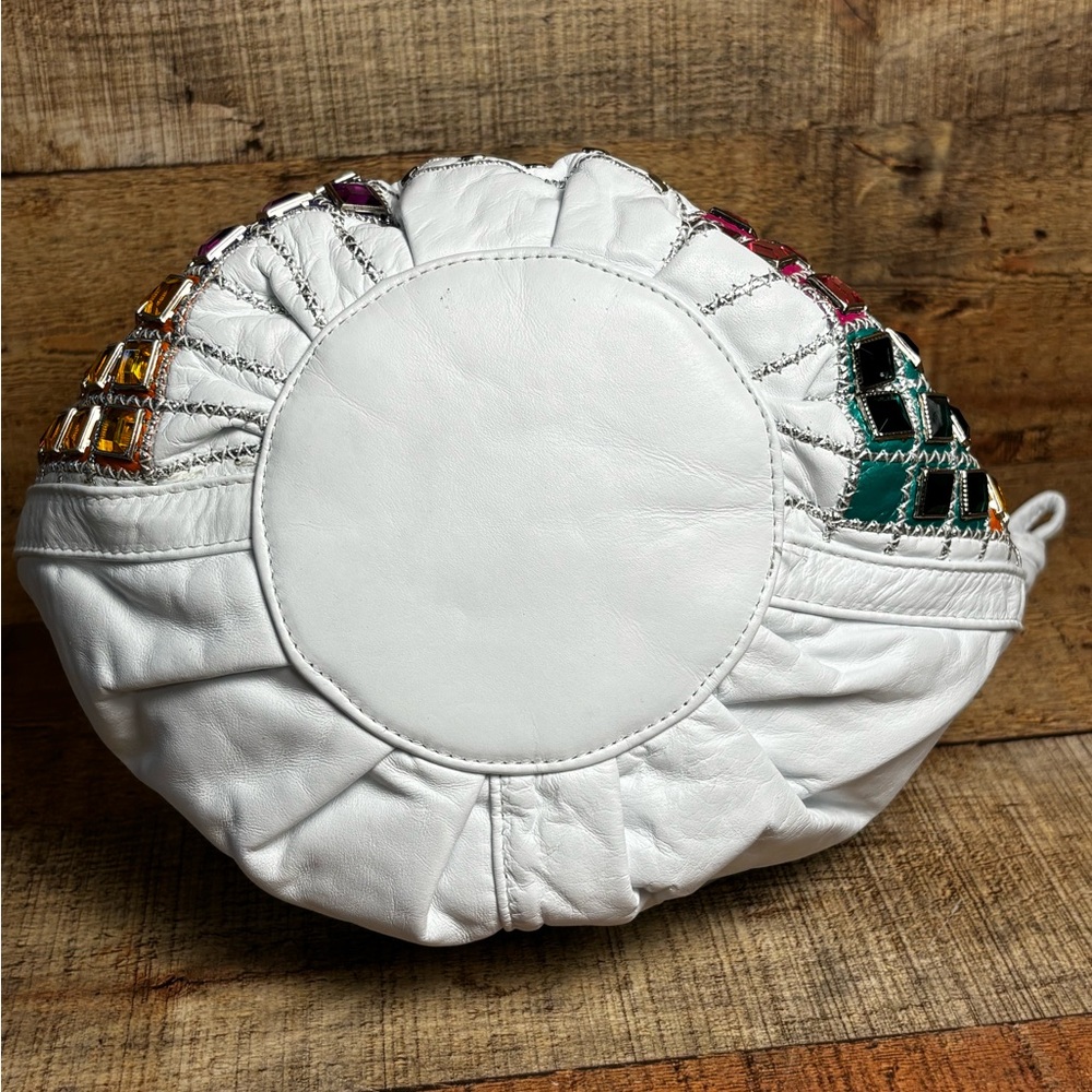 VTG Jeweled White Leather USA Purse 80s 90s Retro Colorful Bling Shoulder Bag - Picture 7 of 12